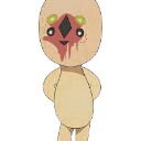SCP-173 stands with a creepy expression and red markings on its face.