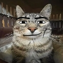 A tabby cat with a smug, edited Roblox man face expression.