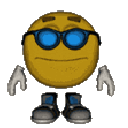 A yellow 3D character wearing blue sunglasses gives a thumbs up gesture.
