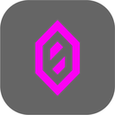 A glowing neon pink hexagon icon with a stylized center design on a black background.