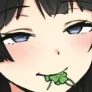 Anime girl with a smug expression and a four-leaf clover held between her lips.