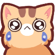 A brown cat with large, watery eyes shedding blue tears in a cute, cartoon style.