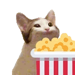Popcat with a wide mouth holding a red and white striped bucket of popcorn.