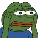 Pepe the Frog holding his head with both hands in a state of extreme shock and panic.
