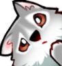 A stylized white wolf with large brown eyes looking confused and slightly concerned.