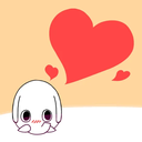 A small white bunny with large eyes looking shyly while a large red heart floats above its head.