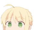 Anime girl with blonde hair and green eyes peeking over the bottom edge of the frame.