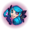 Gwen from League of Legends smiling and making a small pink finger heart gesture.
