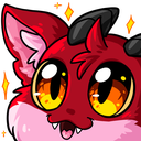 A small red demon with large glowing orange eyes and horns grinning happily.