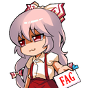 Fujiwara no Mokou from Touhou Project holding a white card with red text while wearing a smug expression.