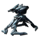A dark gray sci-fi turret standing on three legs with a mounted weapon.