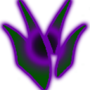A glowing purple emblem with a dark center and green accents on a dark blue background.