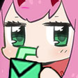 Zero Two with pink hair and horns looking smug while sipping from a green drink box.