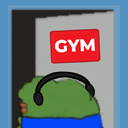 Pepe the Frog wearing headphones walking toward a red sign that says GYM.