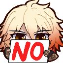 Anime character with blonde hair holding a white sign with the word NO written in red letters.