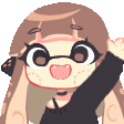 A cute anime-style girl with brown hair waving her hand excitedly with a big smile.