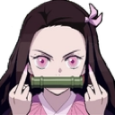 Nezuko Kamado with a bamboo muzzle flipping the bird with both hands.