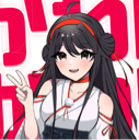 Anime girl with long black hair smiling and making a peace sign gesture.