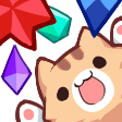 A cute brown cat with wide eyes and open mouth cheering with colorful floating gems.