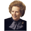 Margaret Thatcher smiling slightly while wearing a dark suit and patterned scarf.