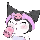 Kuromi wearing a pink skincare headband and happily sipping from a pink mug.