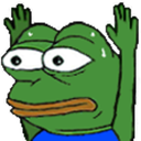 Pepe the Frog with both hands raised in the air in a gesture of surrender.