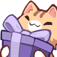 A cute brown cat smiling happily while holding a purple gift box with a large bow.