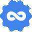 Infinity symbol inside a jagged circular badge, shown in both blue and gray versions.