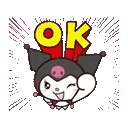 Kuromi winks and gives a thumbs up with the word OK floating above her head against a pink background.