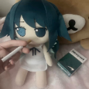 A blue-haired anime plush toy holding a cigarette with a bored expression.