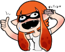 Inkling character with orange hair making a finger gun gesture to their head with a manic expression.