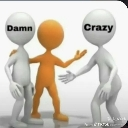 Three 3D stick figures standing together with the words Damn and Crazy written on two of them.