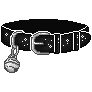 A black pixel art collar with a silver buckle and a small silver bell hanging from it.