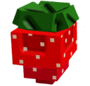 A blocky, pixelated red strawberry with a green stem and white seeds.