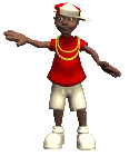 Character wearing a red shirt and hat dancing rhythmically.
