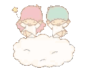 Kiki and Lala sitting together on a white cloud in a pixel art style.