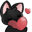 A cute black cat holding a large red heart with a small floating heart nearby.