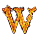 Letter W engulfed in bright orange and yellow flames against a black background.