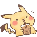 Pikachu happily drinking a cup of bubble tea with a straw.
