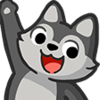 A cute gray wolf pup waving its paw with a wide, happy smile.