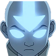Aang with glowing blue eyes and a glowing blue arrow on his forehead.