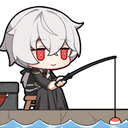 Chibi character with white hair and red eyes sitting on a dock holding a fishing rod.