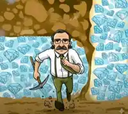 A man with a mustache and suspenders runs forward holding a pickaxe toward a wall of blue diamonds.