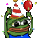 Pepe the Frog wearing a striped party hat and holding a red balloon while surrounded by falling confetti.