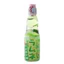 A green glass bottle of Ramune soda with Japanese text on the label.