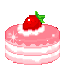 A pixelated pink pancake topped with white cream and a bright red strawberry.
