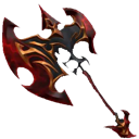 A stylized, ornate battle axe with red and gold blades and a dark handle.
