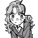 A girl with curly hair and wide, shocked eyes stares ahead with a nervous expression.