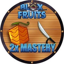 Blox Fruits 2x Mastery icon with a fruit and sword on a wooden background.