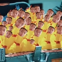 A dense crowd of identical faces superimposed onto yellow figures.